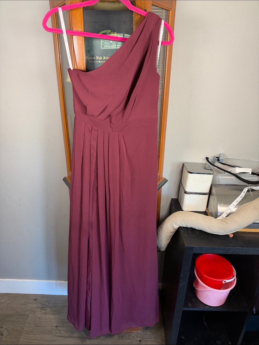 David's Bridal One-Shoulder Wine Evening Gown